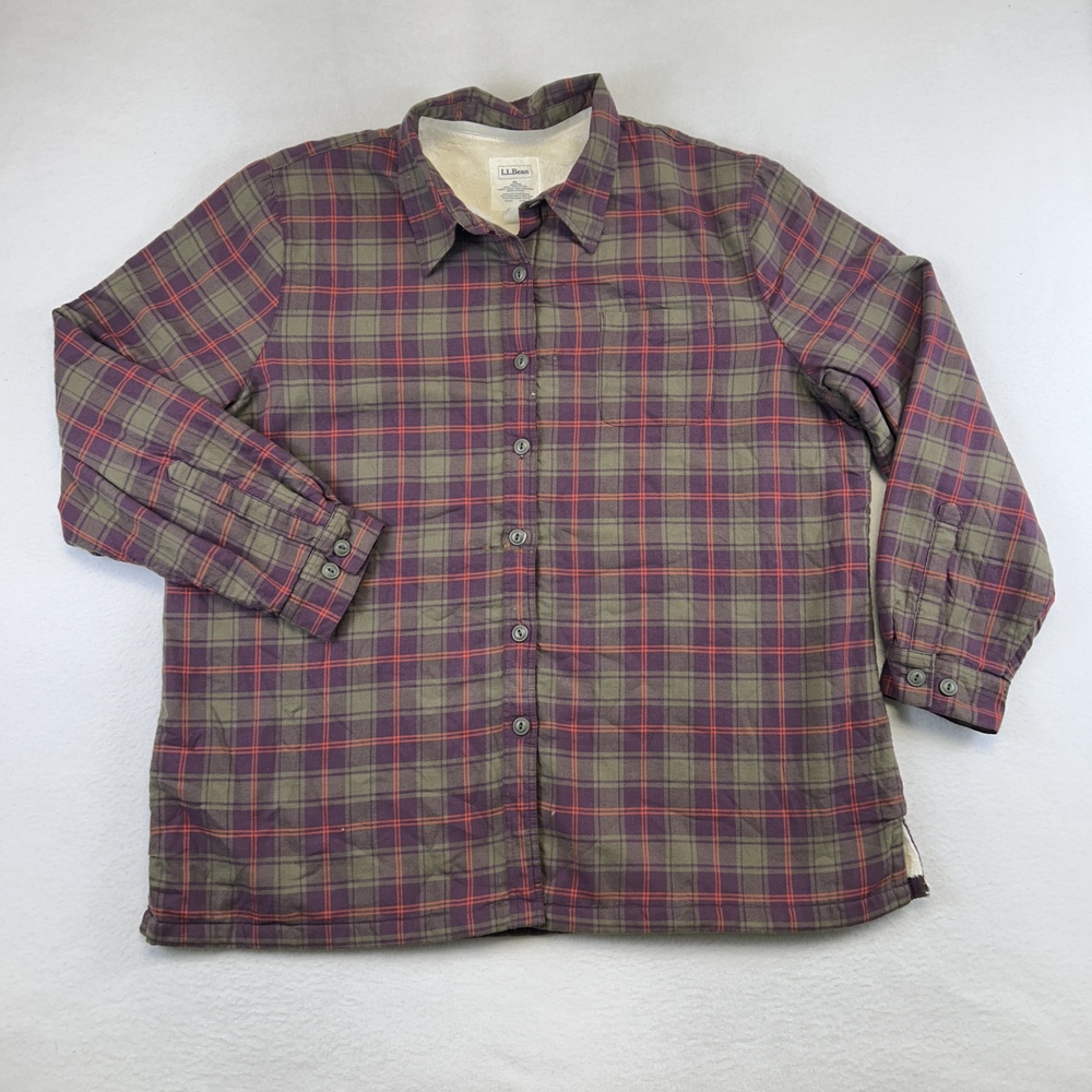 L.L. Bean Shirt Jacket Womens XL Purple Plaid Flannel Fleece Lined Button Front